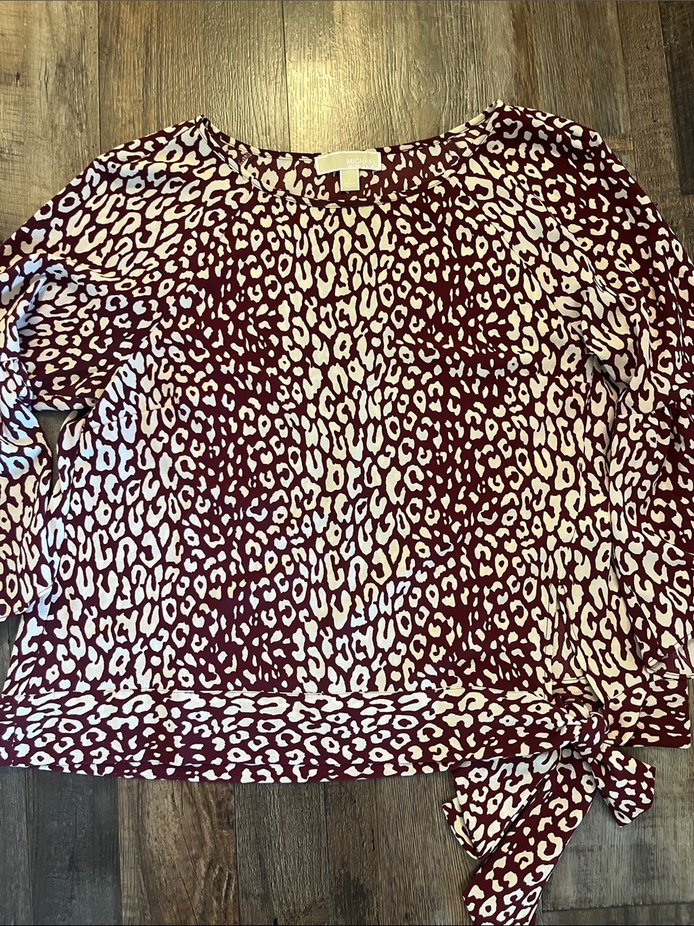 Michael Kors Burgundy and White Animal-Print Tie-Hem Blouse Drop Waist Tie